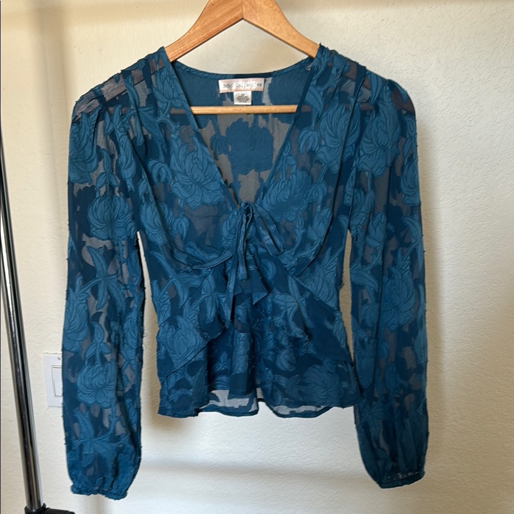 Elegant Blue Floral Sheer Top